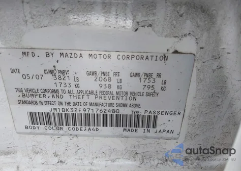 2007 Mazda Mazda3 I из США, поврежденный, VIN JM1BK32F971762480